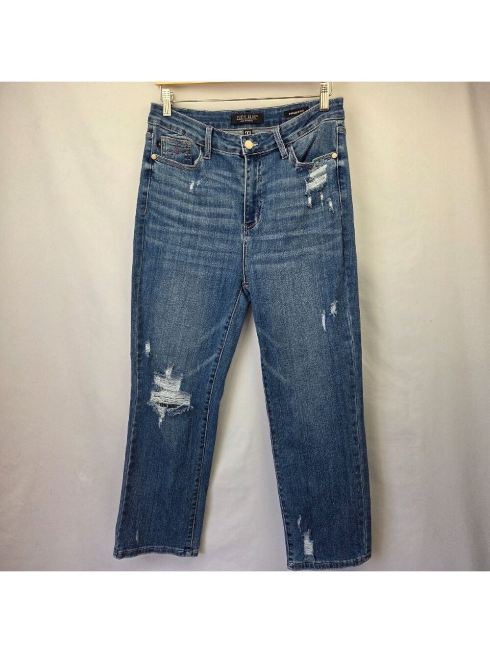 Judy Blue Distressed Straight Fit Jeans 13/31 High Rise Medium Wash